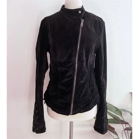 EUC Free People Lacey Velvet Corset Lace Tied Black Moto Jacket Small​​​​​